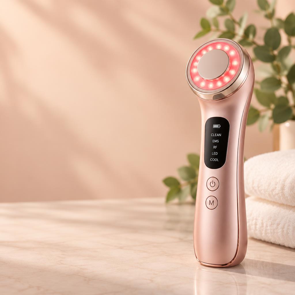 Pink LED facial skincare device beside a white towel